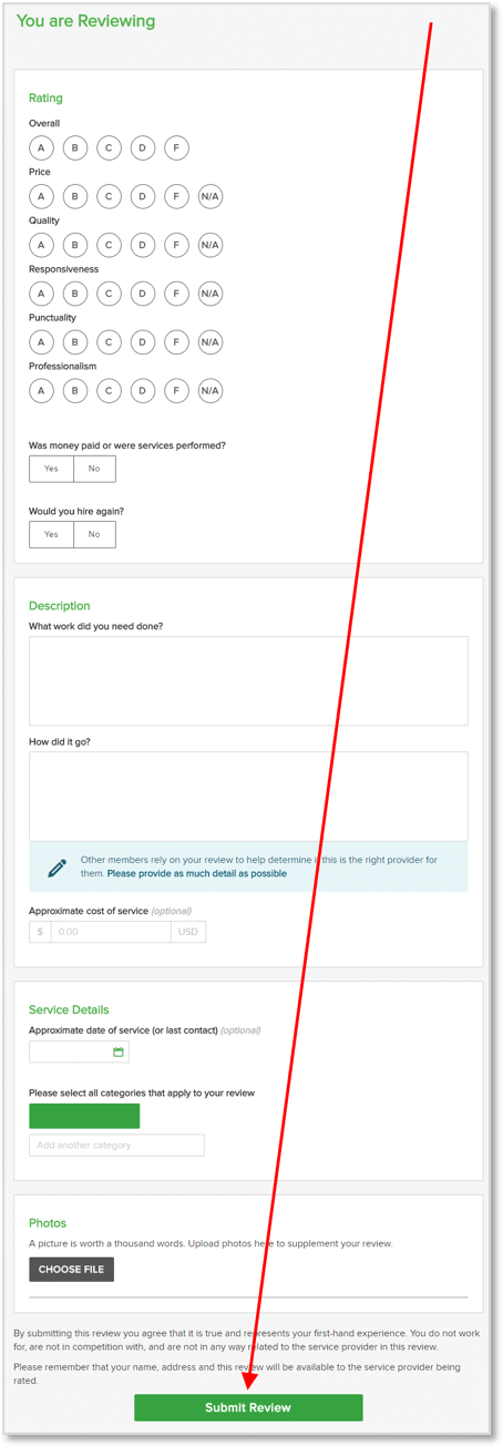 Online service review form with rating options and a red line pointing to the 