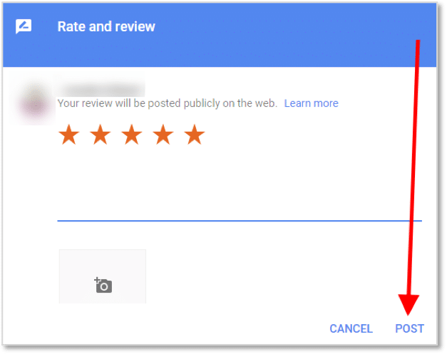 Google review form with a 5-star rating and a red arrow pointing to the 