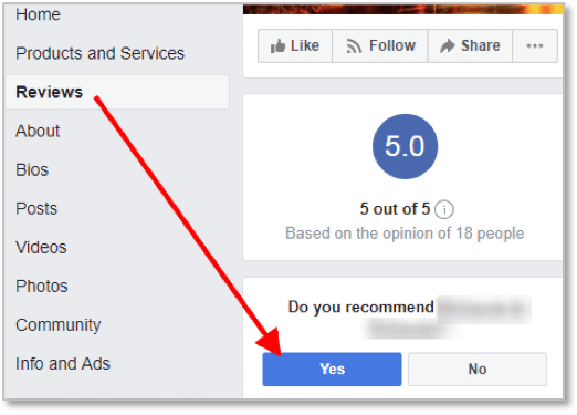 Facebook review with 5-star rating and “Yes” recommendation highlighted.